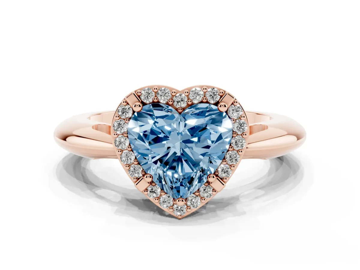 Fancy Blue Heart Cut Cut Diamond Halo Engagement Ring with Split Shank and Four-Prong Setting Rose gold