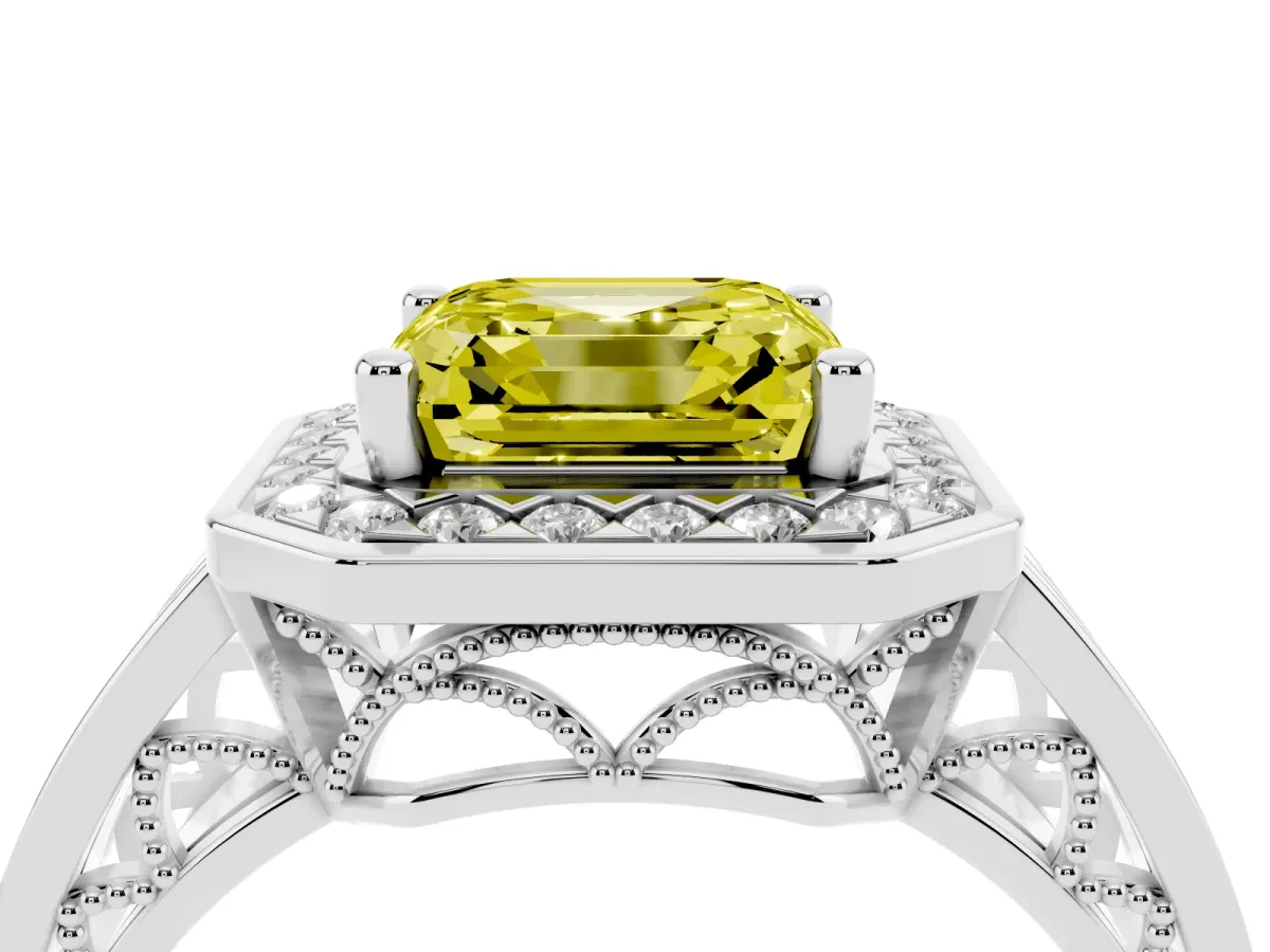 Fancy Yellow Asscher Cut Diamond Halo Ring with Split Shank and Bezel Accents and Prong Setting Silver