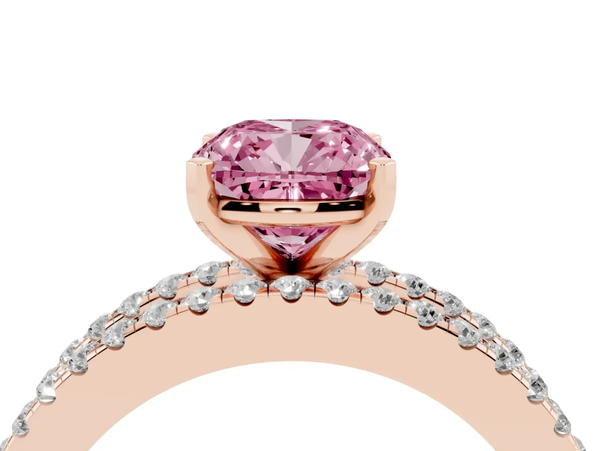 Fancy Pink Cushion Cut Diamond Solitaire Ring with Pavé and Channel Set Band Rose gold