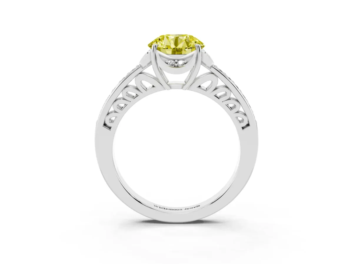Fancy Yellow Round Cut Cut Halo Diamond Ring with Channel Set Band and Four-Prong Setting Platinum