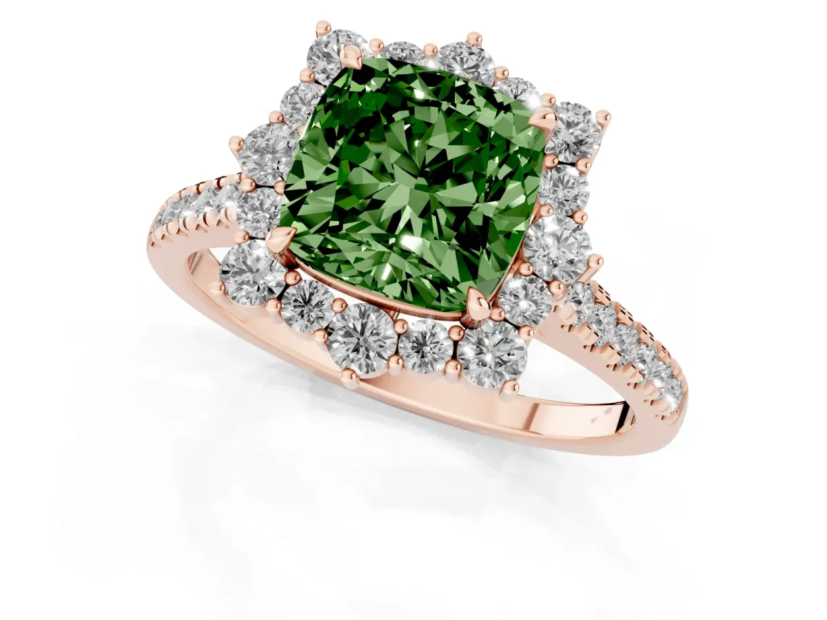 Fancy Green Cushion Cut Halo Diamond Ring with Pavé Band and Prong Setting Rose gold