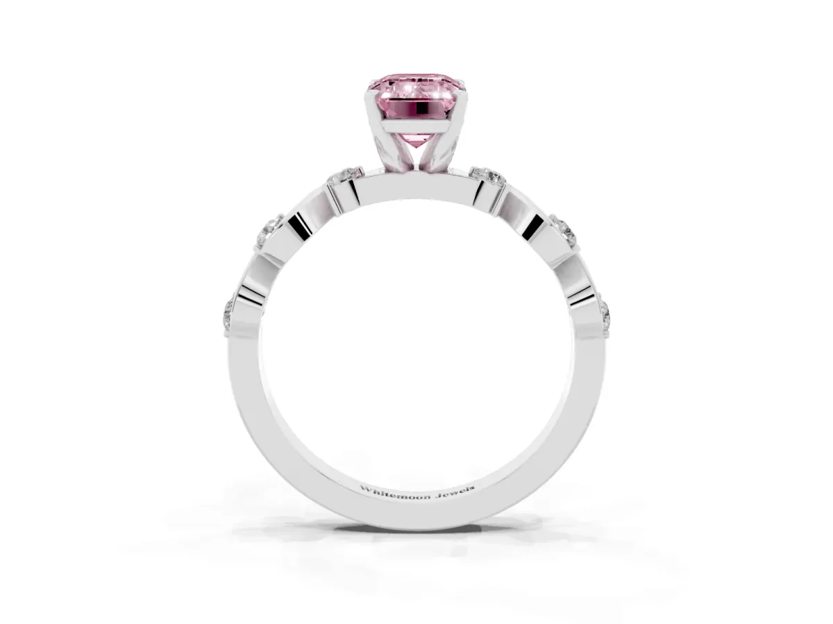 Fancy Pink Emerald Cut Diamond Solitaire Twisted Band with Round Accents and Prong Setting Silver