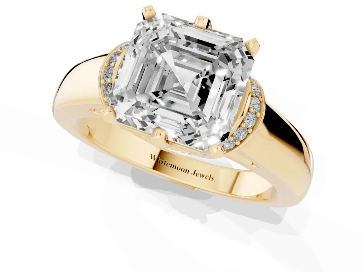 Asscher Cut Solitaire Diamond Ring with Pave Band and Six-Prong Setting Yellow gold