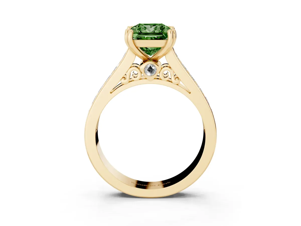 Fancy Green Princess Cut Cut Channel Set Solitaire Engagement Ring with Prong Setting Yellow gold
