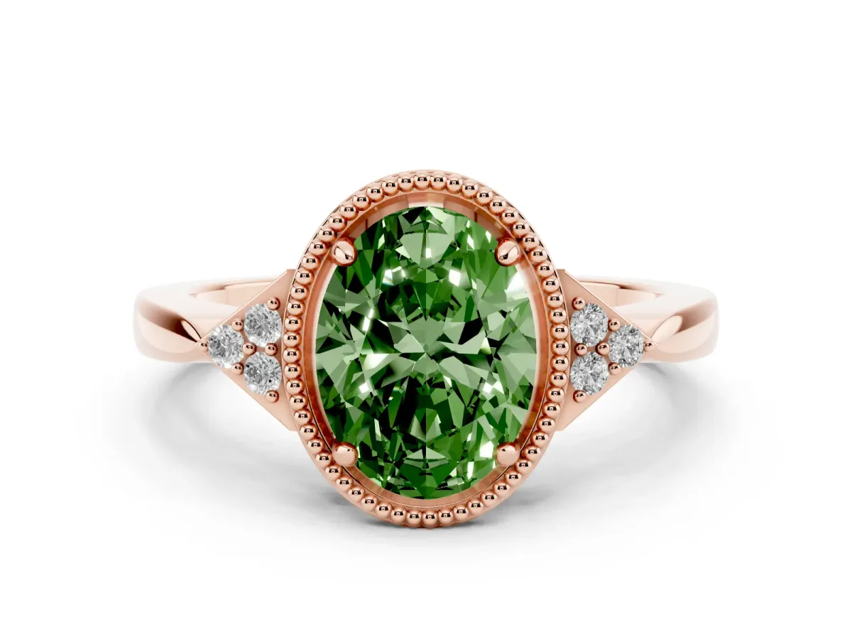 Fancy Green Oval Cut Diamond Halo Ring with Tapered Band and Four-Prong Setting Rose gold