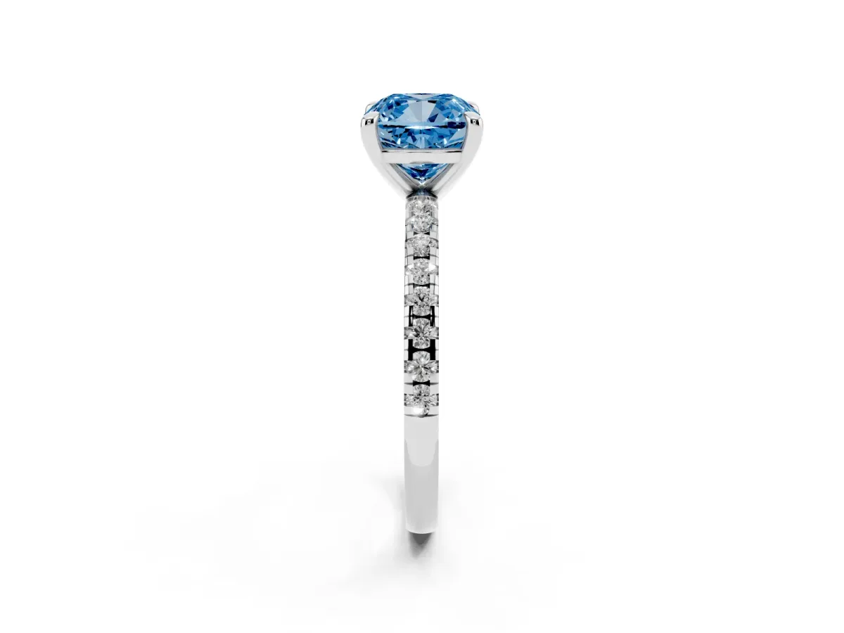 Fancy Blue Cushion Cut Diamond Brilliant Solitaire Ring with Pavé Band and Four-Prong Setting Silver