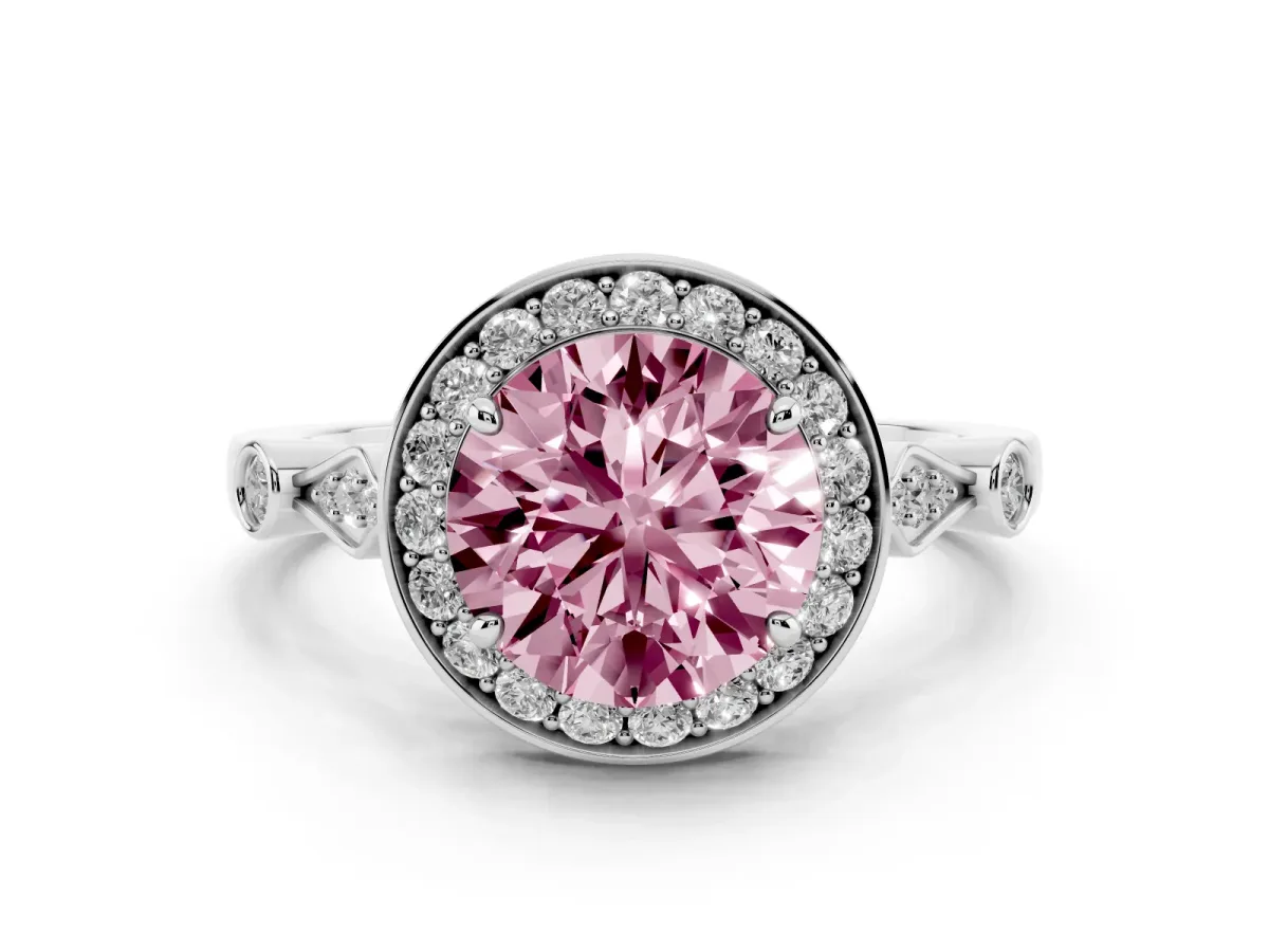 Fancy Pink Round Cut Halo Diamond Engagement Ring with Twisted Band and Four-Prong Setting Platinum