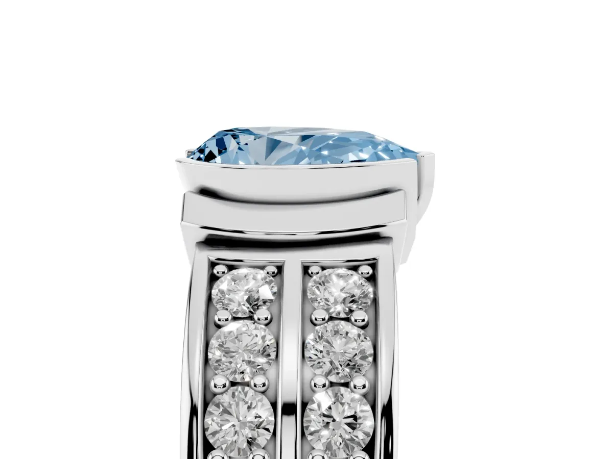 Fancy Blue Pear Cut Brilliant Diamond Channel Set Wide Band Ring with Bezel Setting Platinum