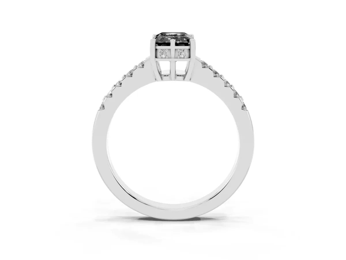 Fancy Black Emerald Cut Solitaire Diamond Engagement Ring with Pavé Band and Six-Prong Setting Platinum