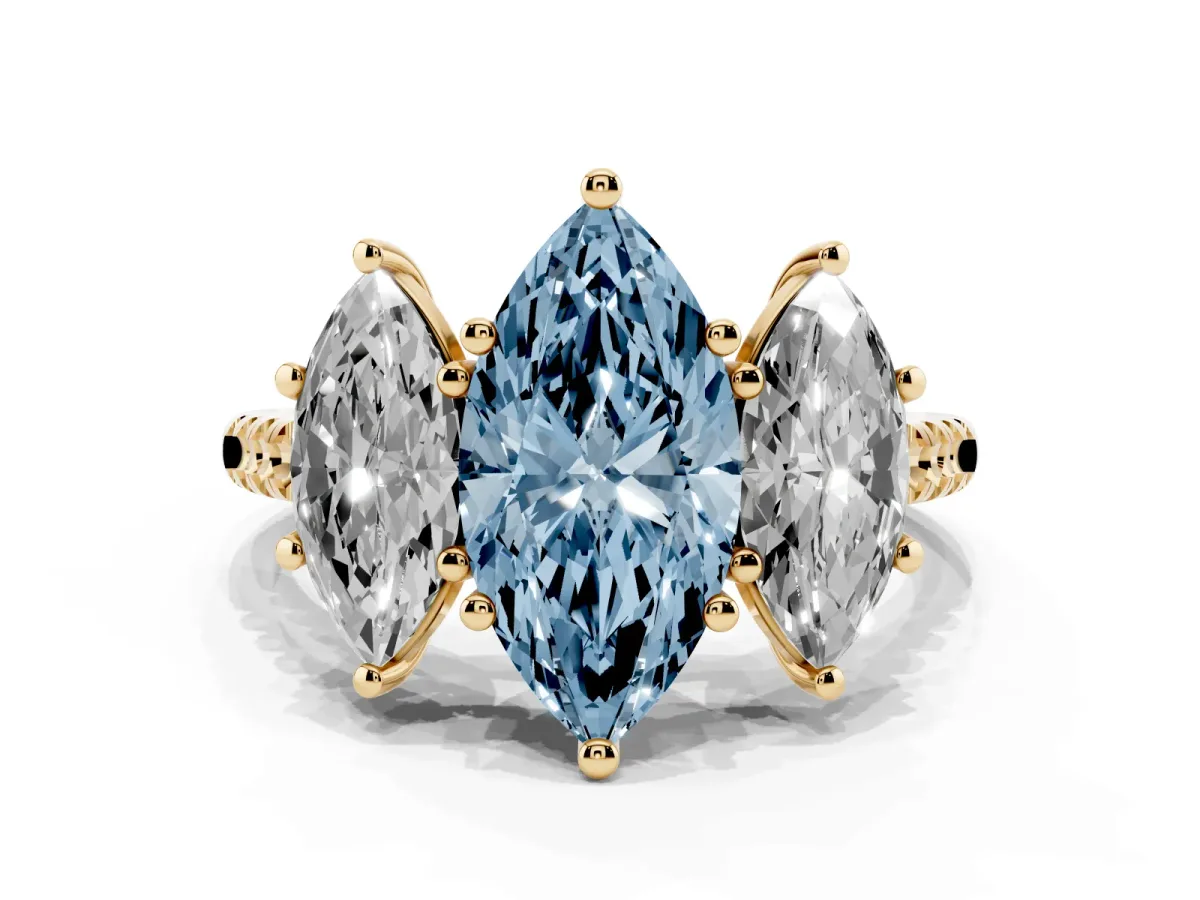 Fancy Blue Three-Stone Marquise Cut Diamond Ring with Round Pavé Band and Prong Setting Yellow gold