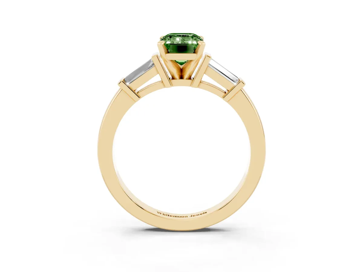 Fancy Green Emerald Cut Cut Diamond Solitaire Ring with Tapered Baguette Accents and Four-Prong Setting Yellow gold