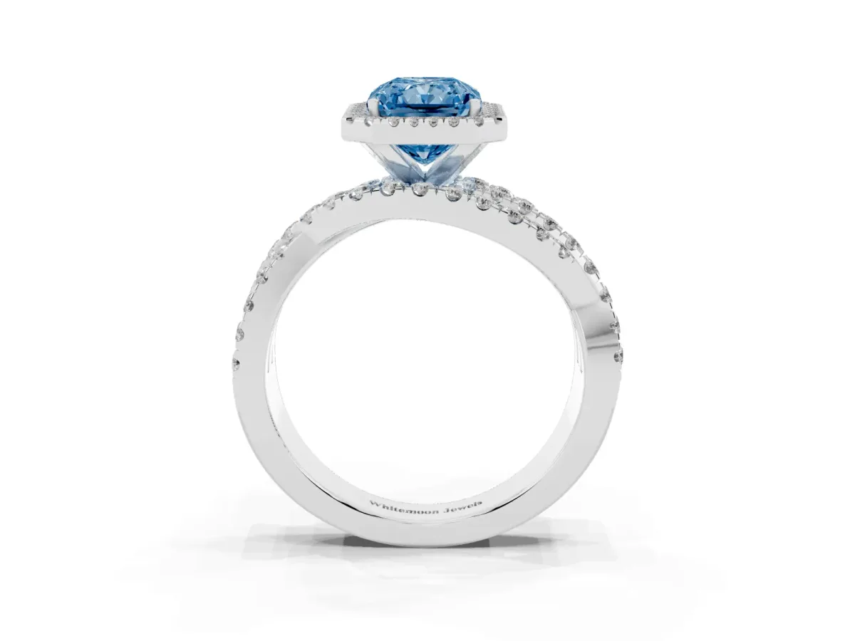Fancy Blue Radiant Cut Diamond Halo Ring with Round Split Shank and Prong Setting Platinum