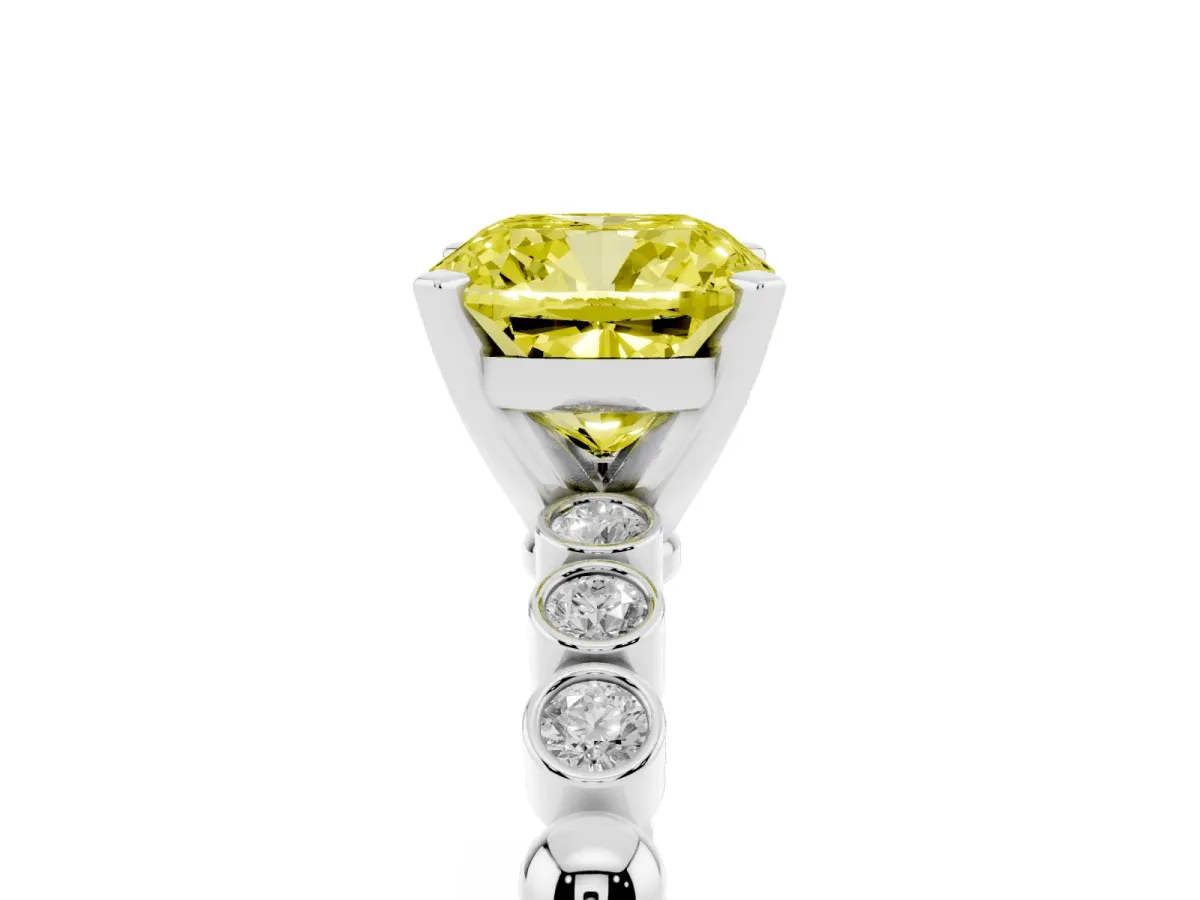 Fancy Yellow Cushion Cut Solitaire Bezel Accent Diamond Engagement Ring with Beaded Band and Four-Prong Setting Silver