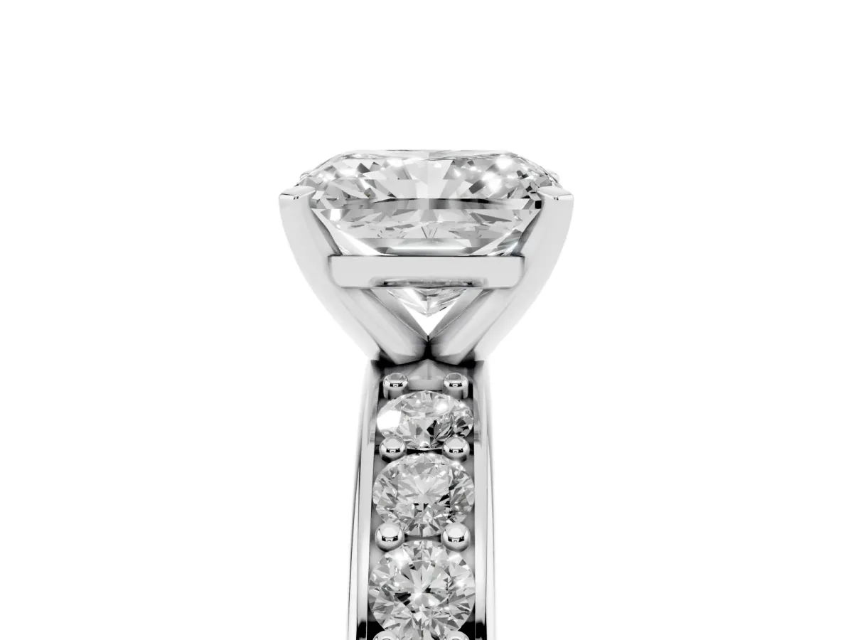 Radiant Cut Diamond Engagement Ring with Channel Set Round Band and Prong Setting Silver