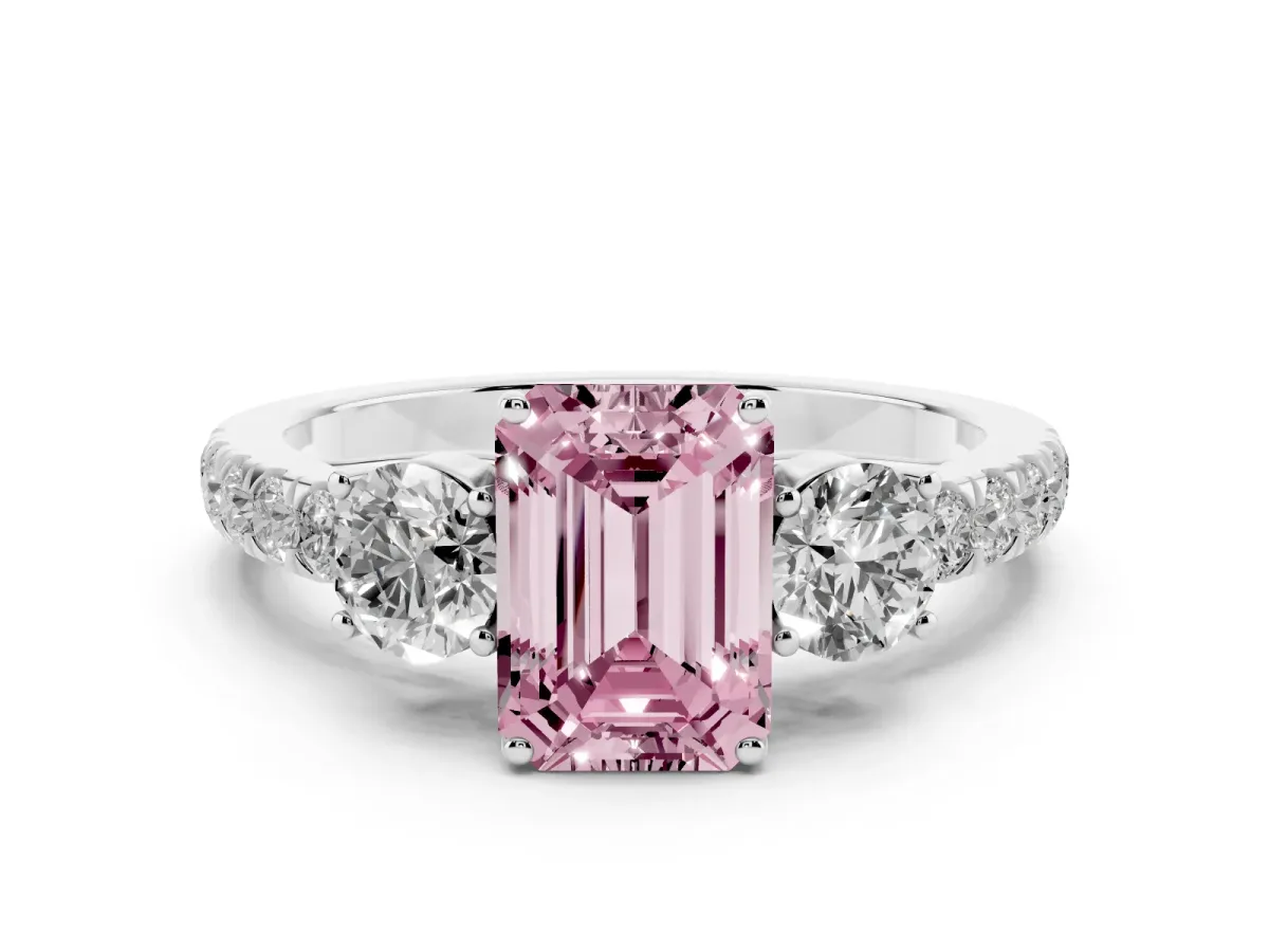 Fancy Pink Emerald Cut Cut Diamond Three-Stone Ring with Round Side Stones and Pavé Band Silver
