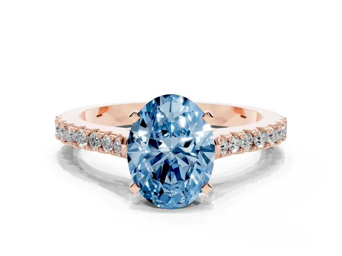 Fancy Blue Oval Cut Cut Solitaire Diamond Engagement Ring with Pave Band and Four-Prong Setting Rose gold