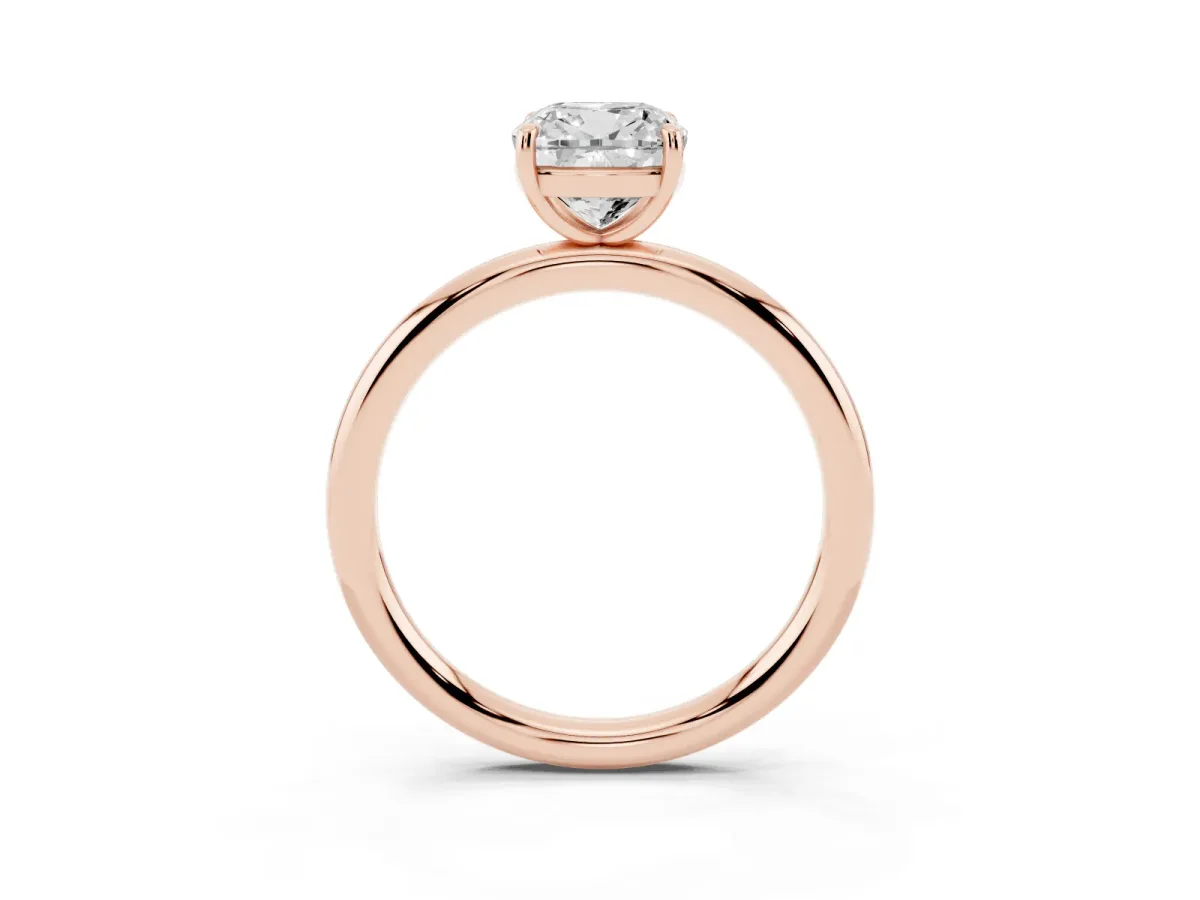 Cushion Cut Solitaire Diamond Ring with Four-Prong Setting on a Plain Band Rose gold