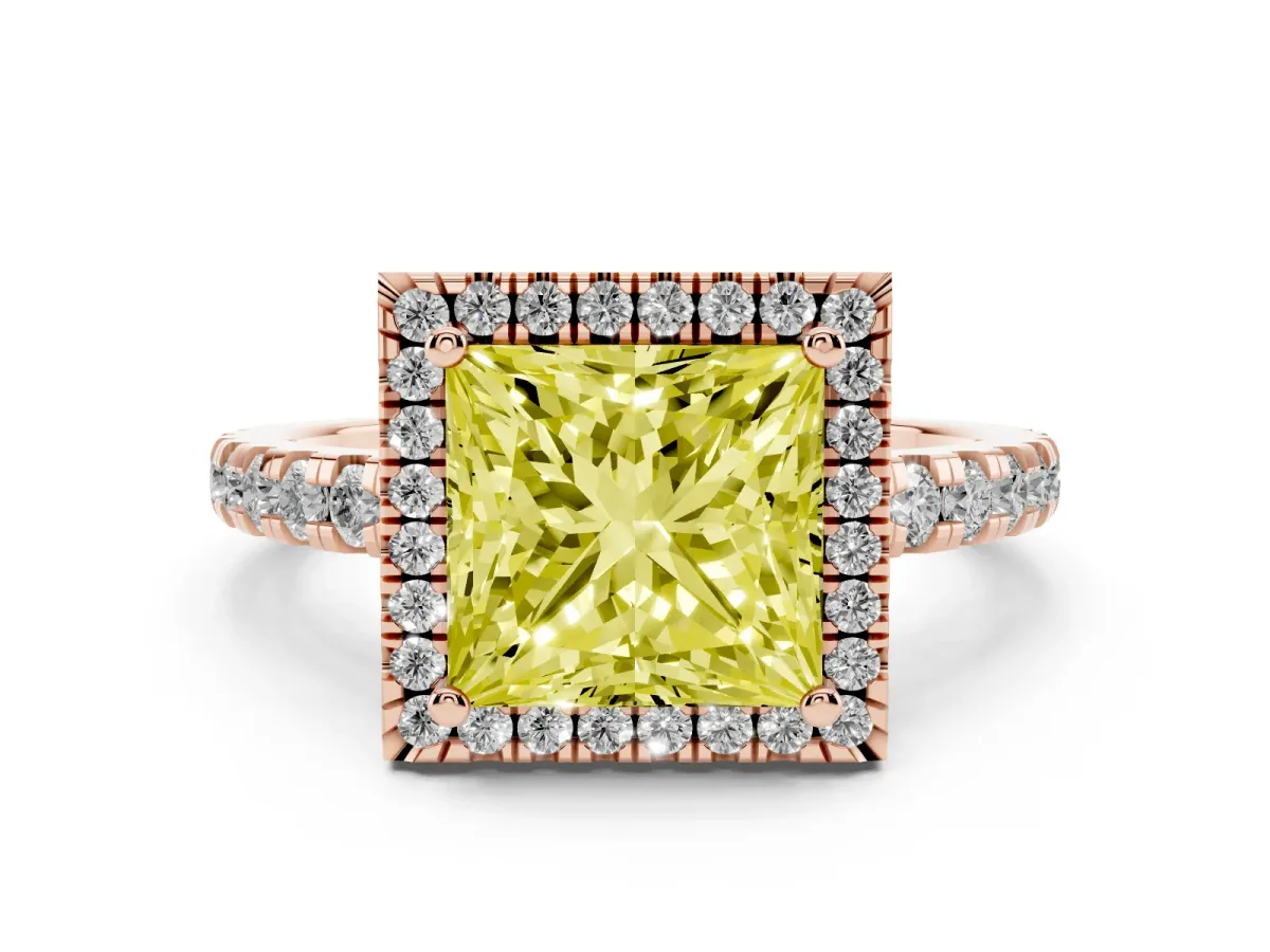 Fancy Yellow Princess Cut Diamond Halo Ring with Pavé Band and Four-Prong Setting Rose gold