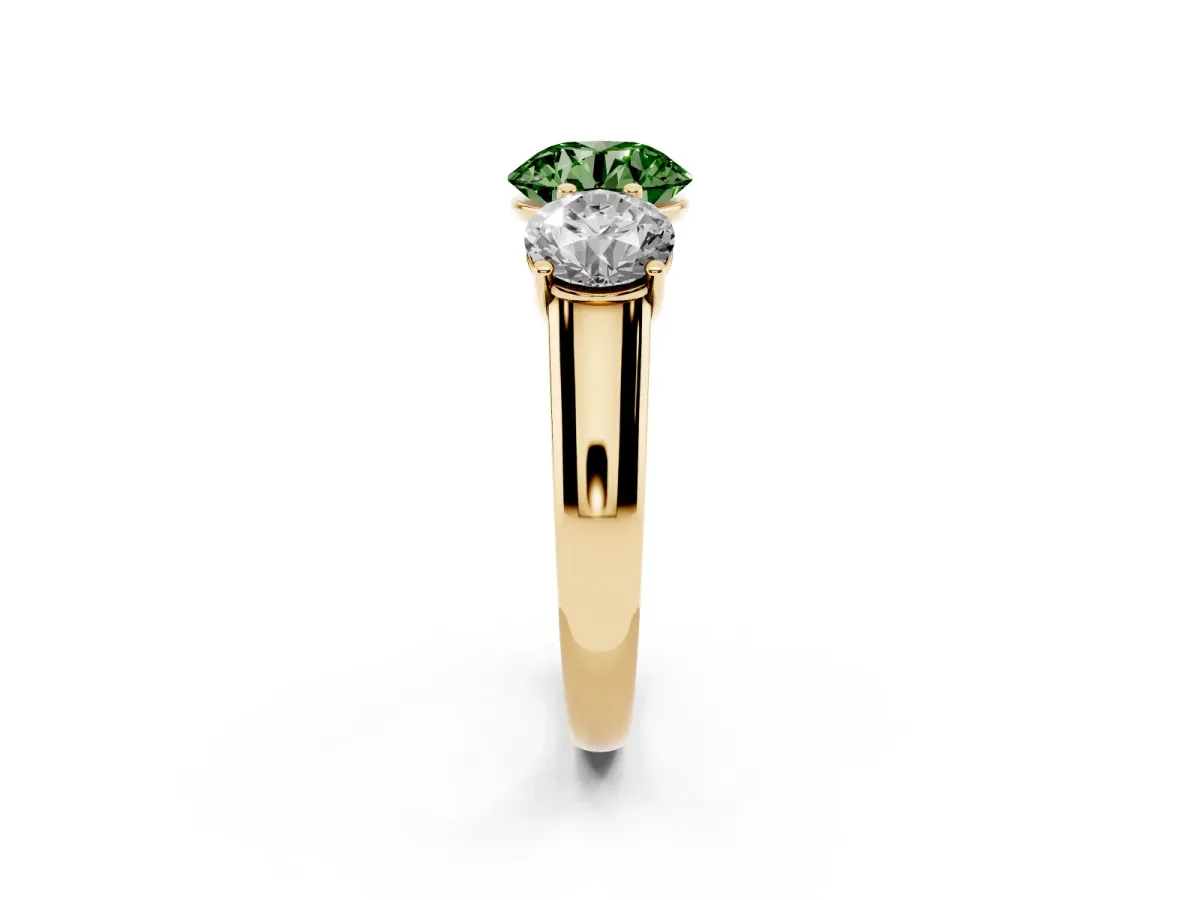 Fancy Green Round Cut Three-Stone Diamond Ring with Prong Setting on a Classic Band Yellow gold