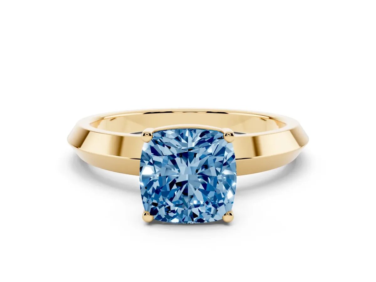 Fancy Blue Cushion Cut Cut Solitaire Engagement Ring with Flat Band and Four-Prong Setting Yellow gold