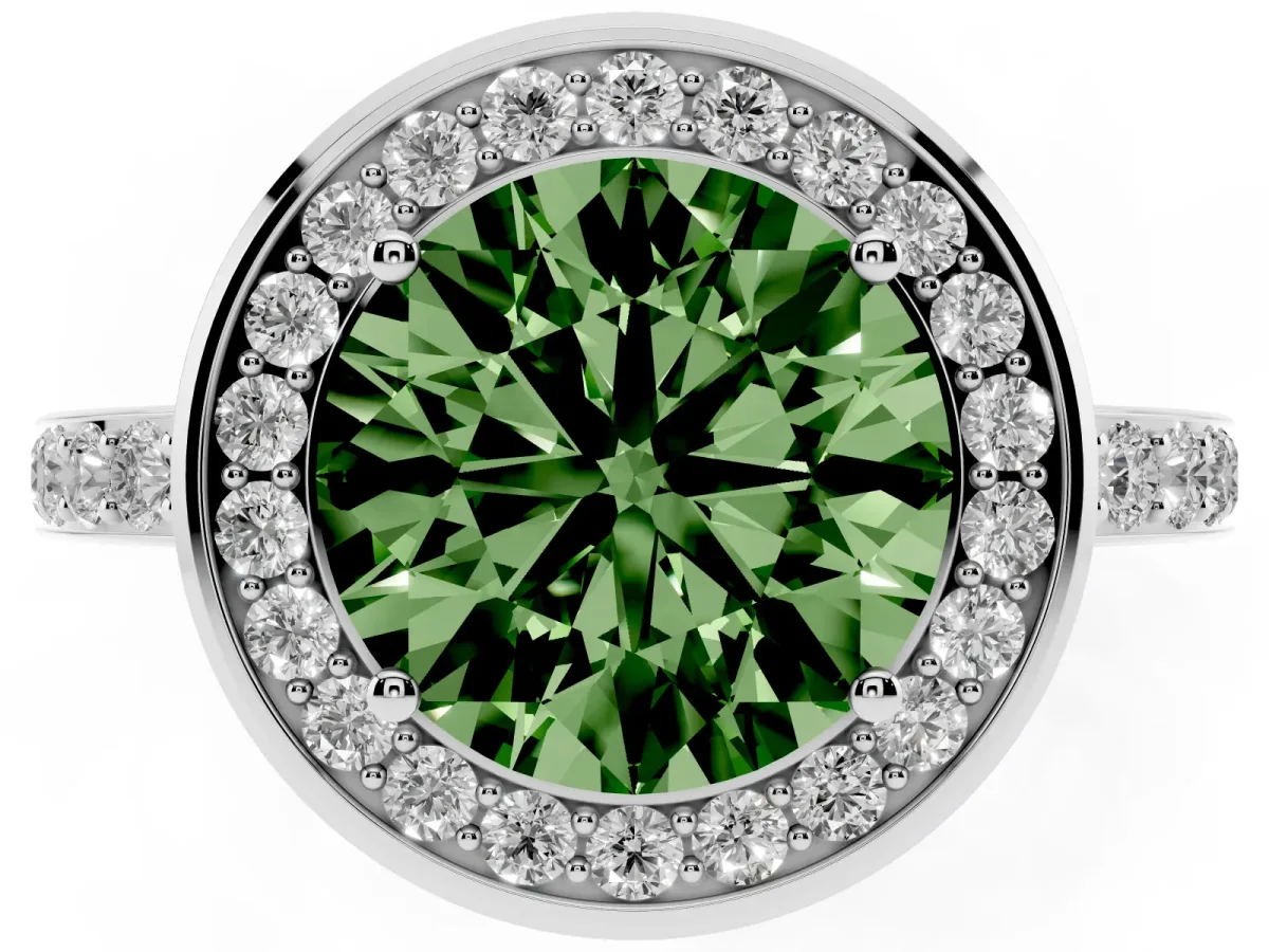 Fancy Green Round Cut Diamond Halo Ring with Bezel Frame and Pavé Band Silver