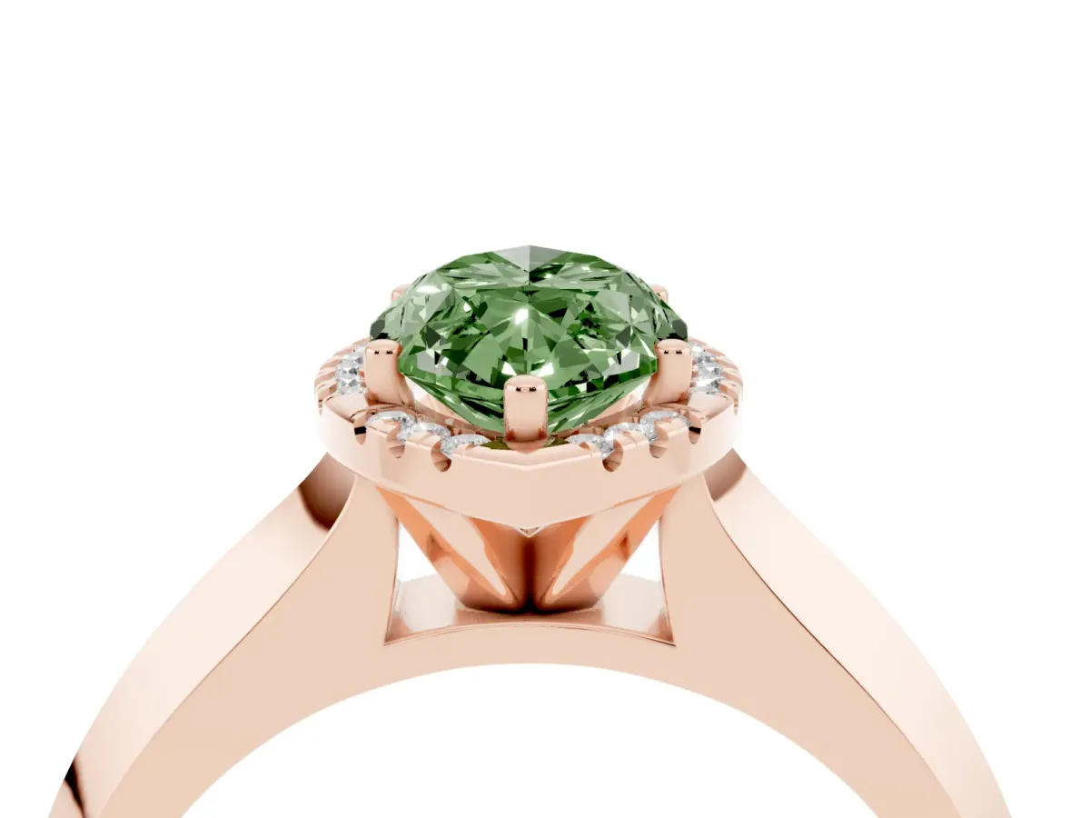 Fancy Green Marquise Cut Halo Diamond Ring with Cathedral Band and Four-Prong Setting Rose gold