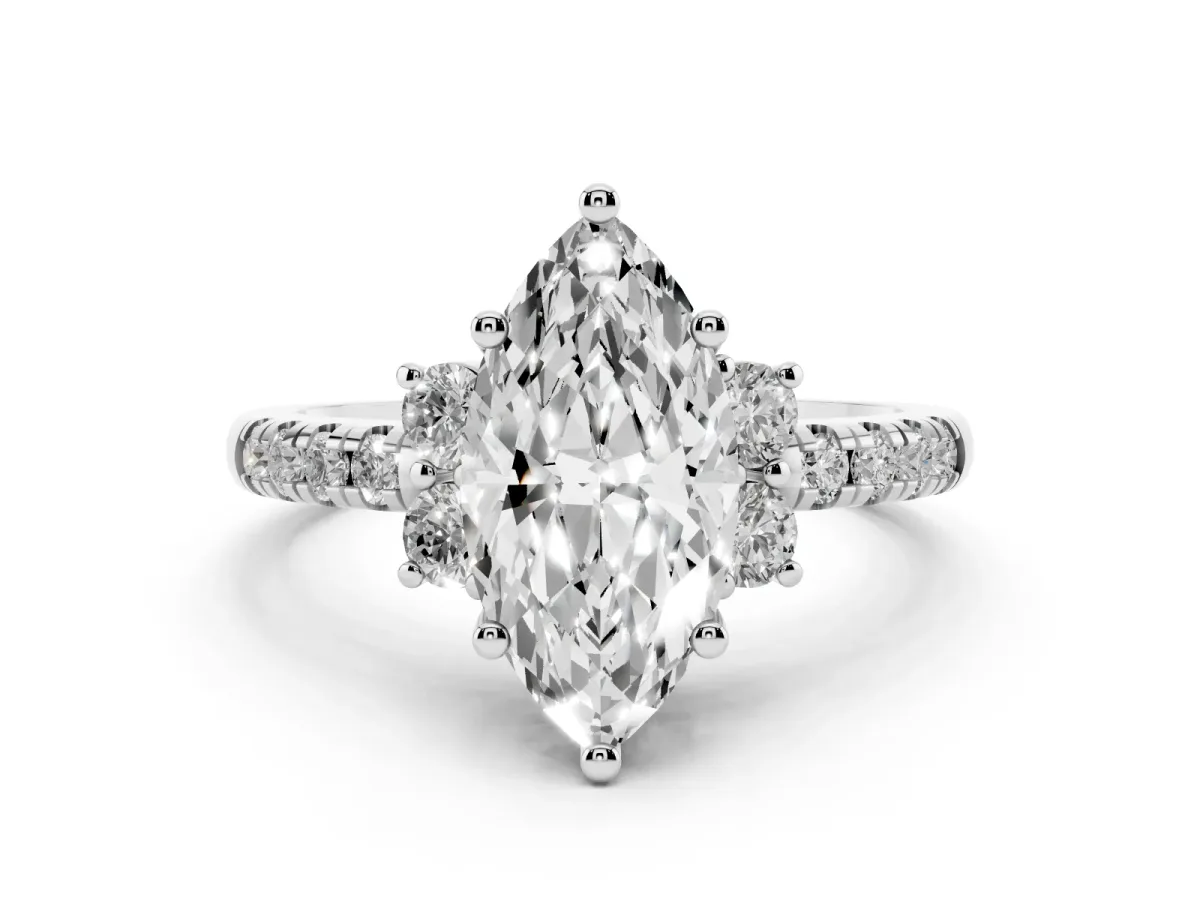 Marquise Cut Diamond Three-Stone Pave Band with Four-Prong Setting White gold