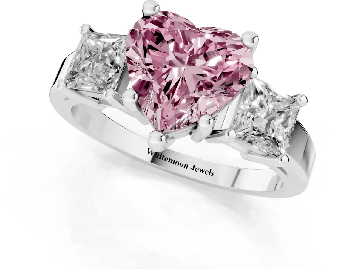 Fancy Pink Three-Stone Heart Cut Cut Solitaire Ring with Prong Setting Silver