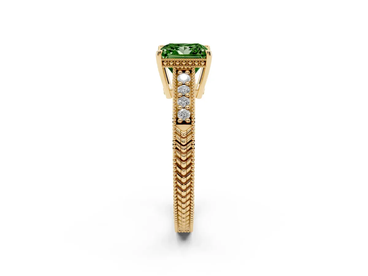 Fancy Green Princess Cut Solitaire Pavé Diamond Milgrain Engagement Ring with Four-Prong Setting Yellow gold