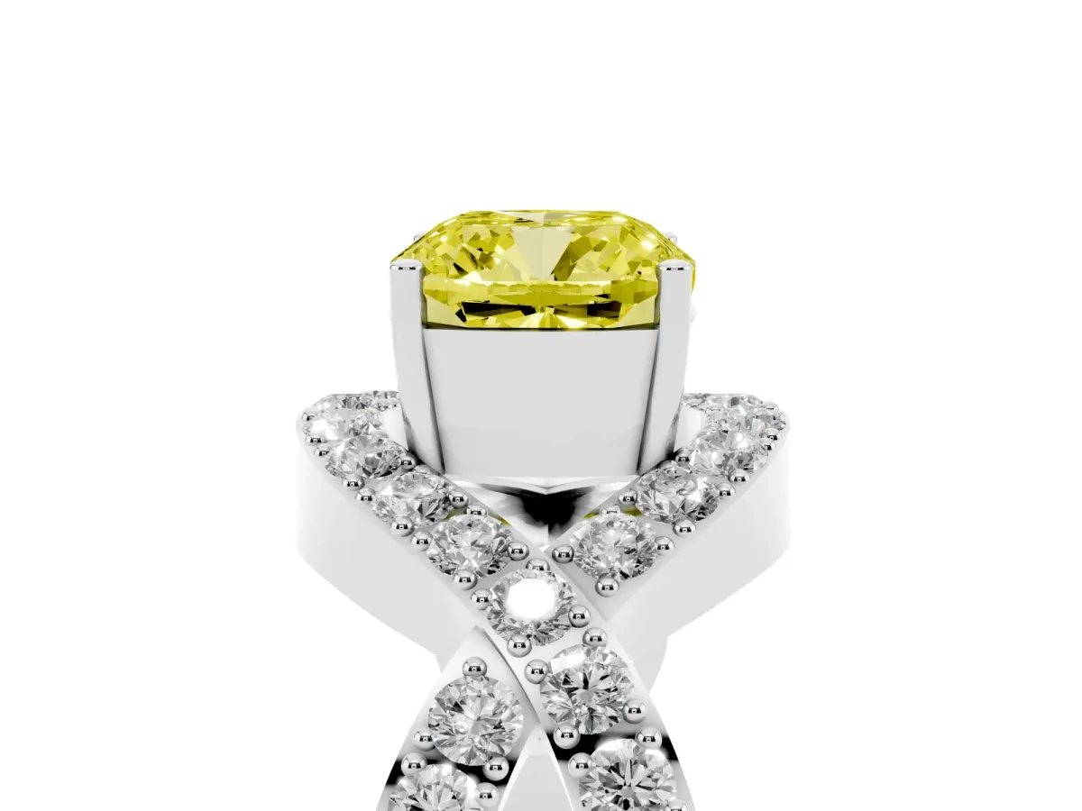Fancy Yellow Cushion Cut Solitaire Twist Band Pavé Diamond Engagement Ring Silver