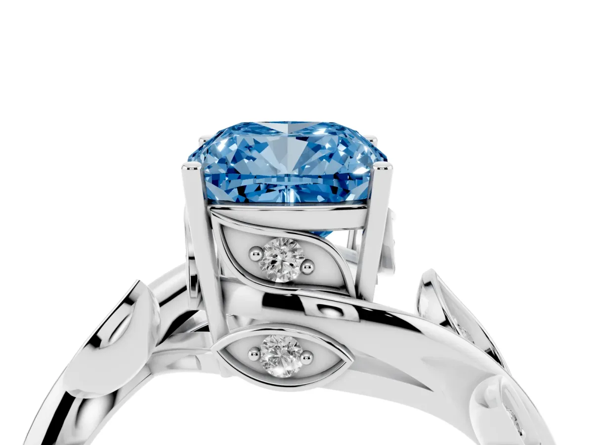 Fancy Blue Cushion Cut Solitaire Twist Engagement Ring with Leaf Accents and Prong Setting Platinum