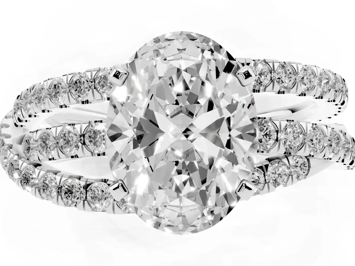 Oval Cut Solitaire Twist Band with Pavé Setting and Four-Prong Setting Platinum