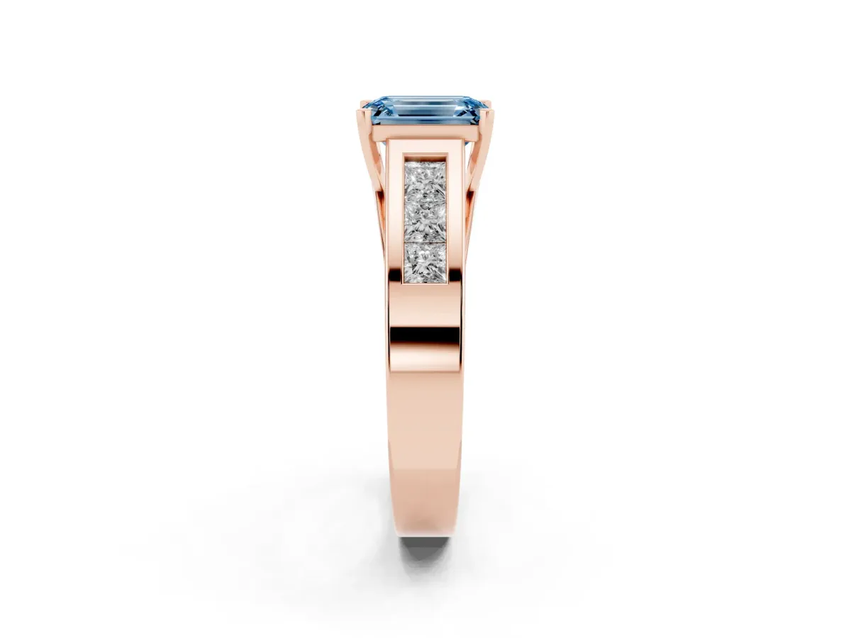 Fancy Blue Emerald Cut Cut Channel Set Solitaire Ring with Four-Prong Setting Rose gold