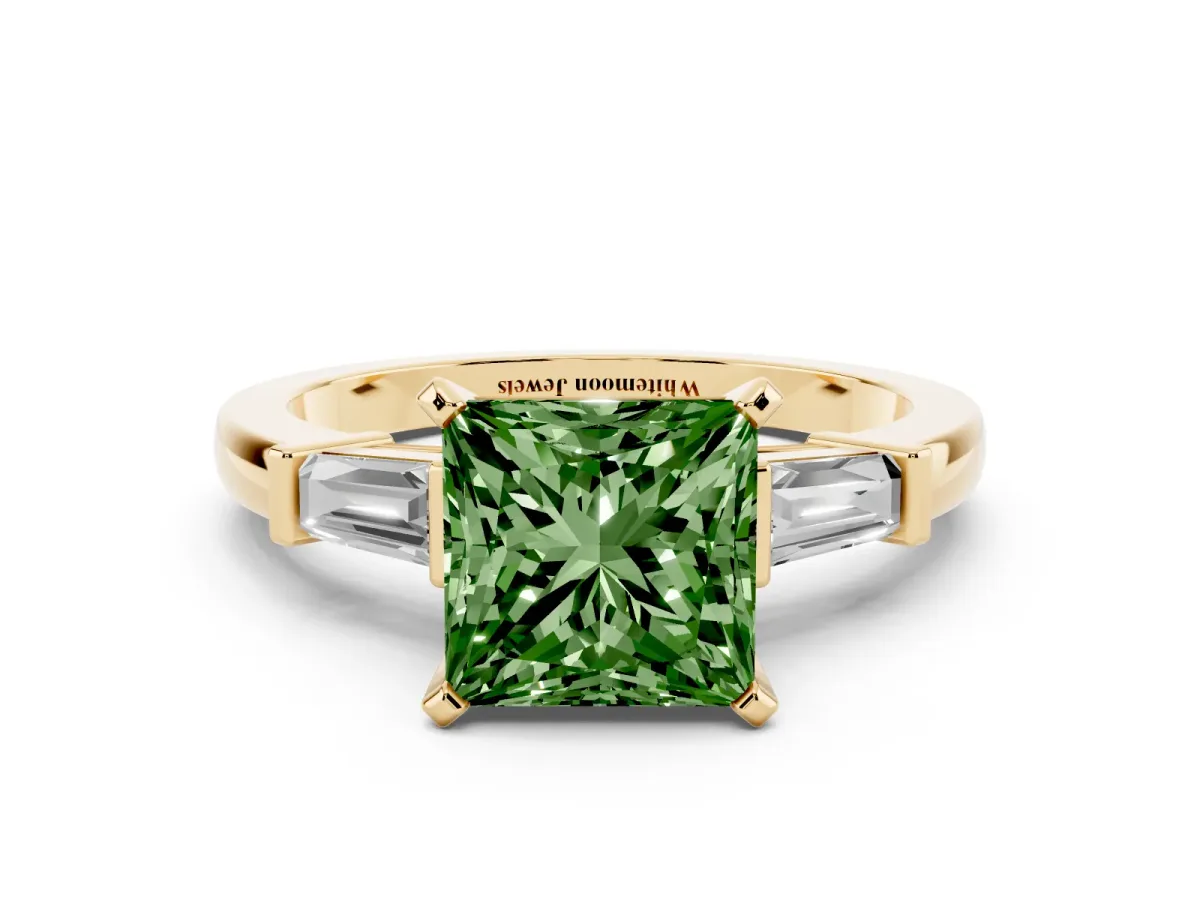 Fancy Green Princess Cut Cut Diamond Solitaire Ring with Tapered Baguette Accents and Four-Prong Setting Yellow gold