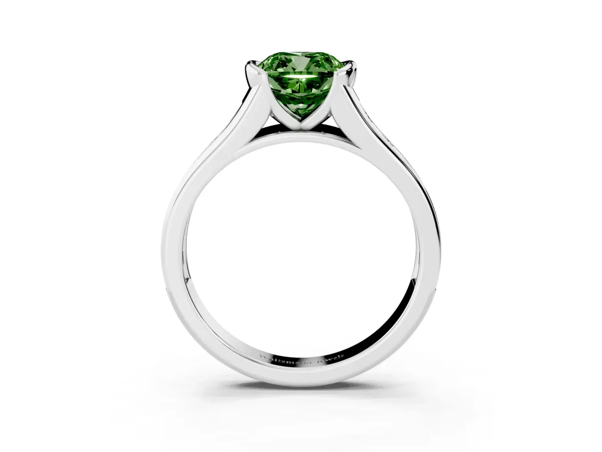 Fancy Green Cushion Cut Solitaire Bezel-Set Diamond Ring with Channel-Set Band Silver