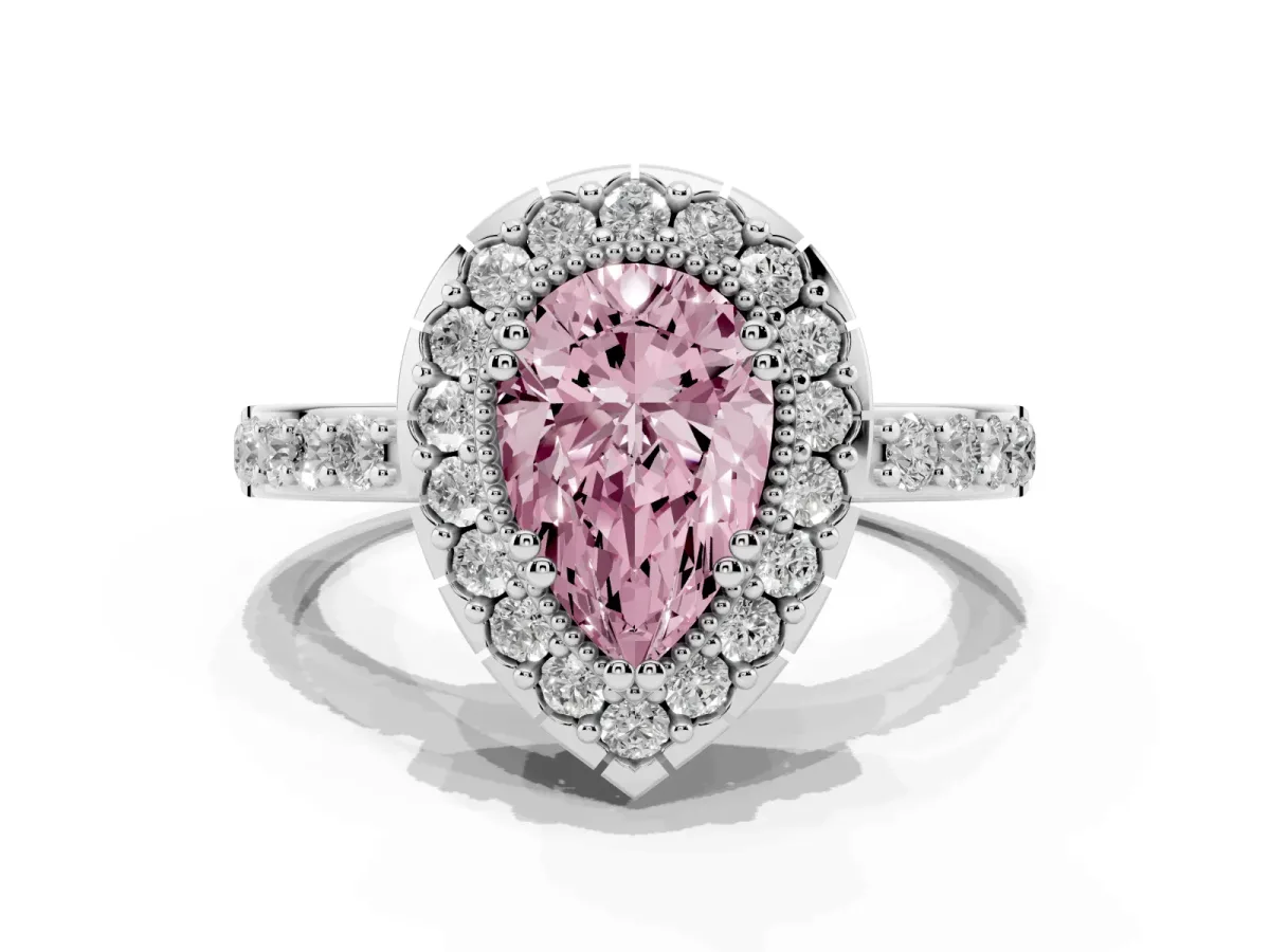 Fancy Pink Pear Cut Diamond Halo Ring with Pavé Band and Prong Setting Platinum