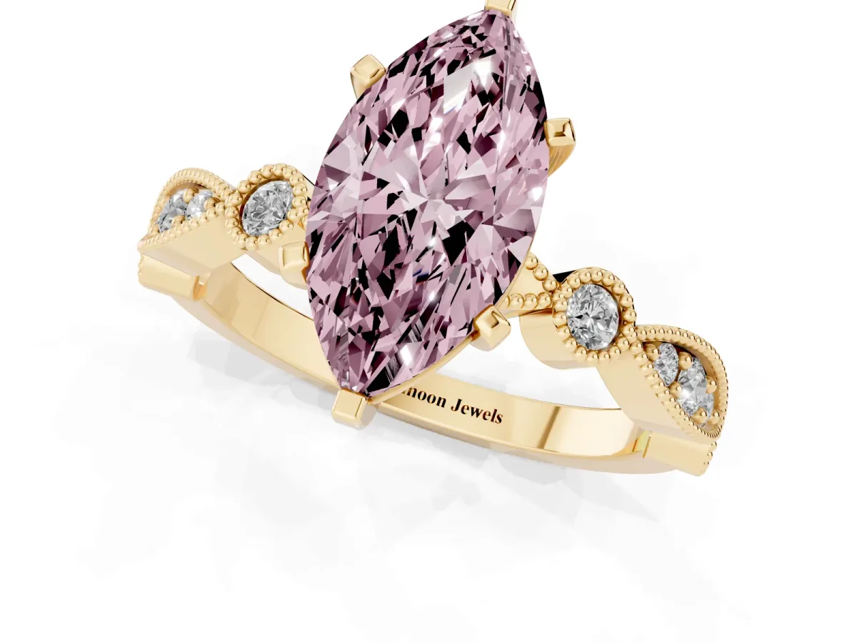 Fancy Pink Marquise Cut Milgrain Bezel Diamond Engagement Ring with Solitaire Prong Setting Yellow gold