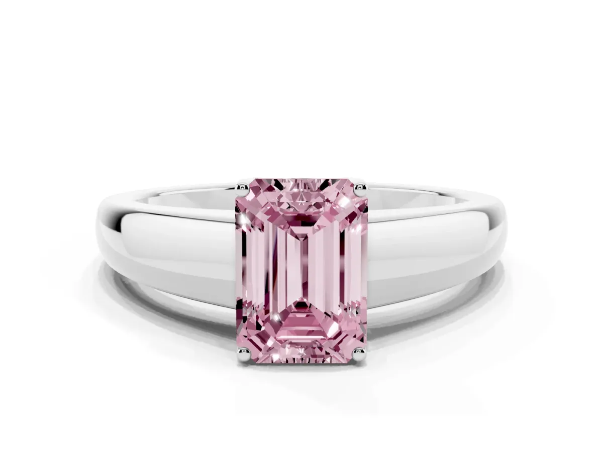 Fancy Pink Emerald Cut Solitaire Diamond Ring with Tapered Band and Four-Prong Setting White gold