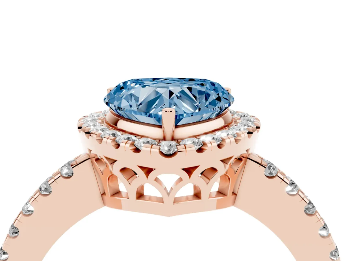 Fancy Blue Heart Cut Halo Diamond Engagement Ring with Pavé Band and Four-Prong Setting Rose gold