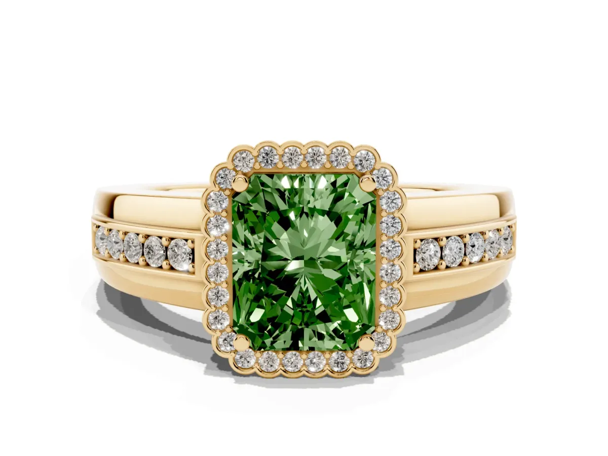 Fancy Green Radiant Cut Cut Halo Pave Band Four-Prong Ring Yellow gold