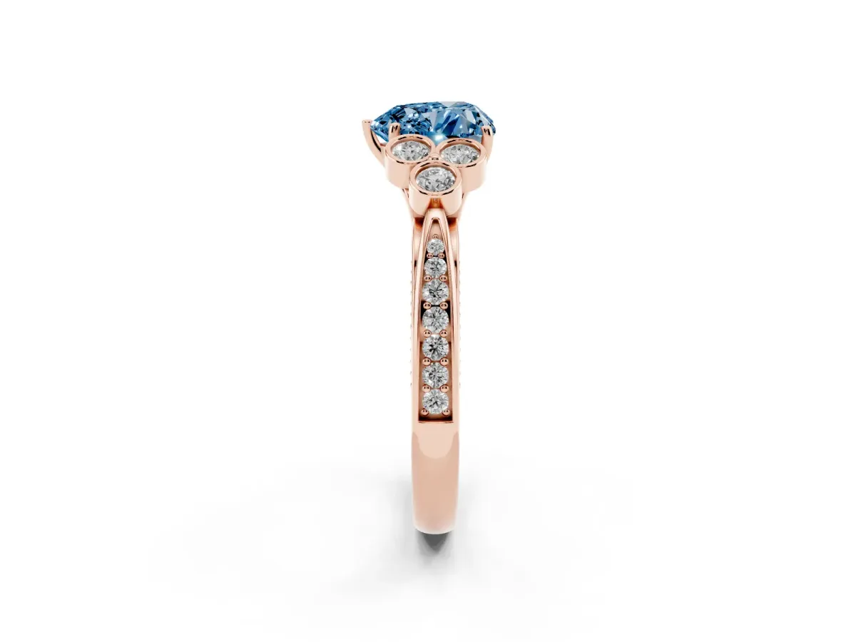 Fancy Blue Heart Cut Cut Diamond Engagement Ring with Bezel Set Round Side Stones and Prong Setting Rose gold