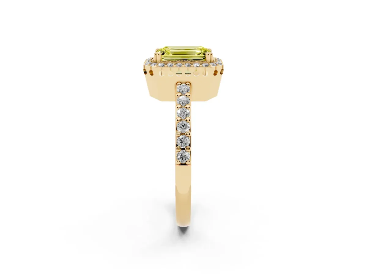 Fancy Yellow Emerald Cut Cut Diamond Halo Engagement Ring with Milgrain Detail and Pavé Band Yellow gold