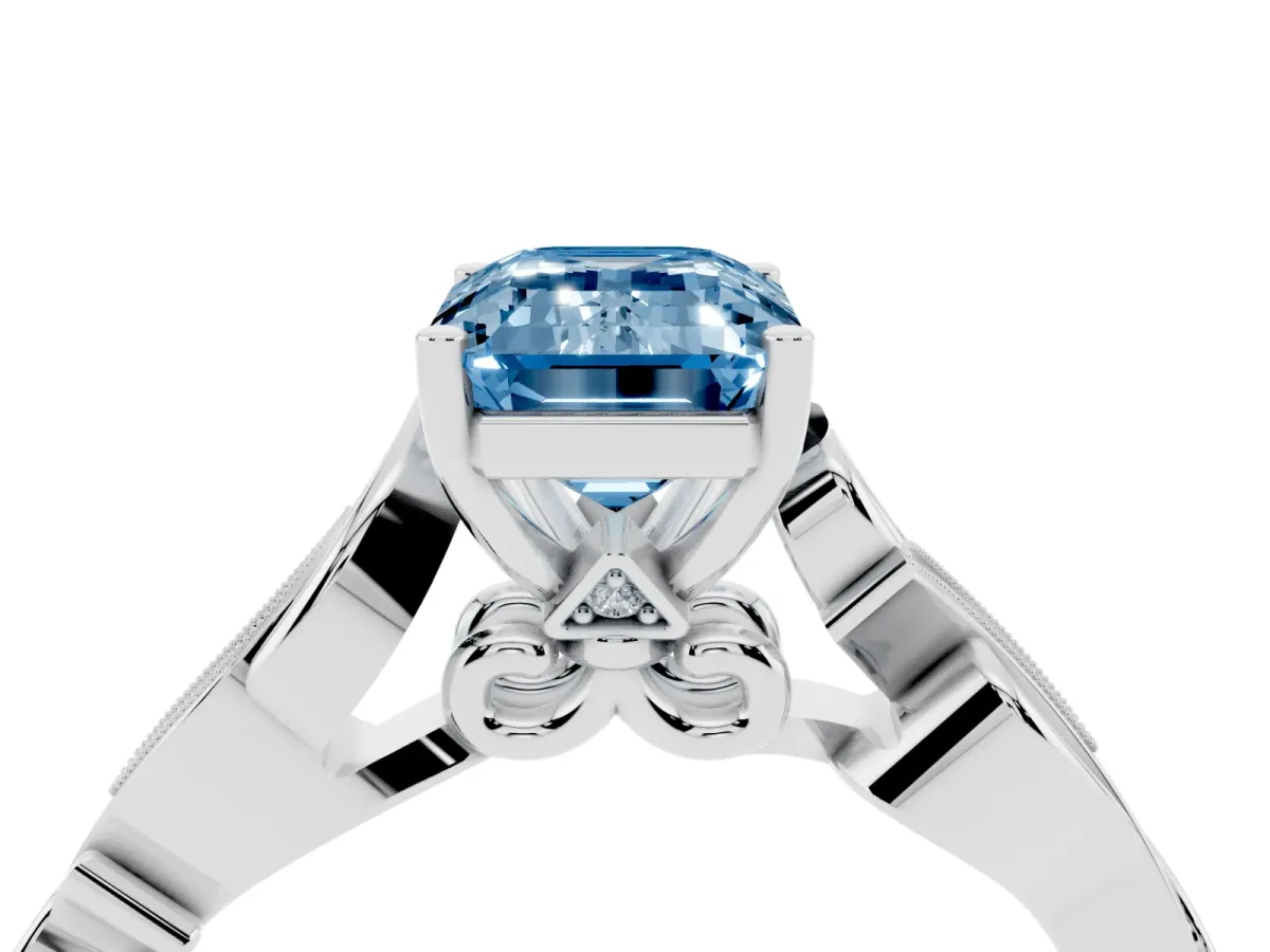 Fancy Blue Emerald Cut Solitaire Vine Band with Milgrain Prong Setting Platinum