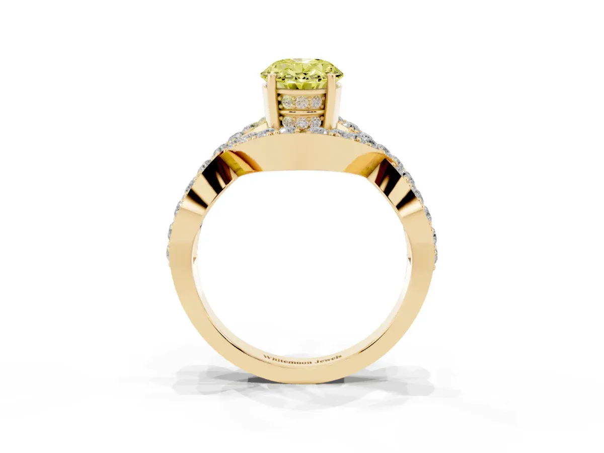 Fancy Yellow Oval Cut Solitaire Twist Band Pavé Diamond Engagement Ring Yellow gold
