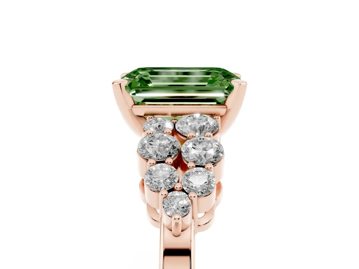 Fancy Green Emerald Cut Cluster Diamond Engagement Ring with Pavé Band and Four-Prong Setting Rose gold