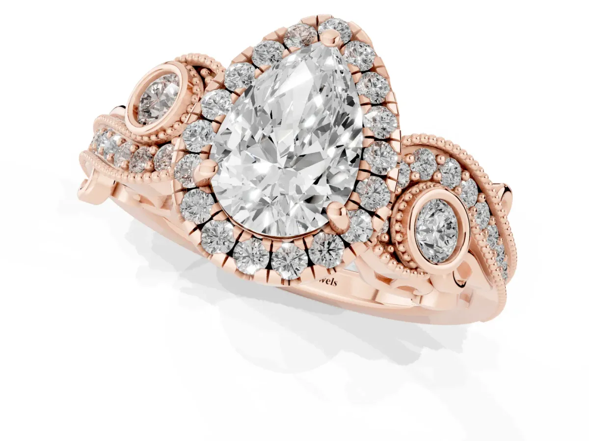 Pear Cut Halo Diamond Ring with Milgrain and Bezel Accents on a Split Shank Band Rose gold