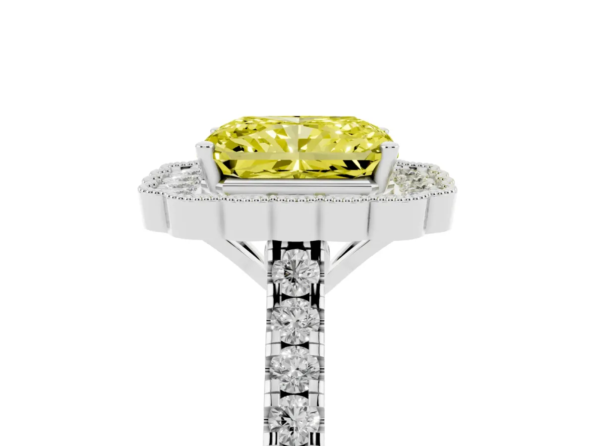 Fancy Yellow Radiant Cut Cut Diamond Milgrain Floral Halo Engagement Ring with Pavé Band White gold