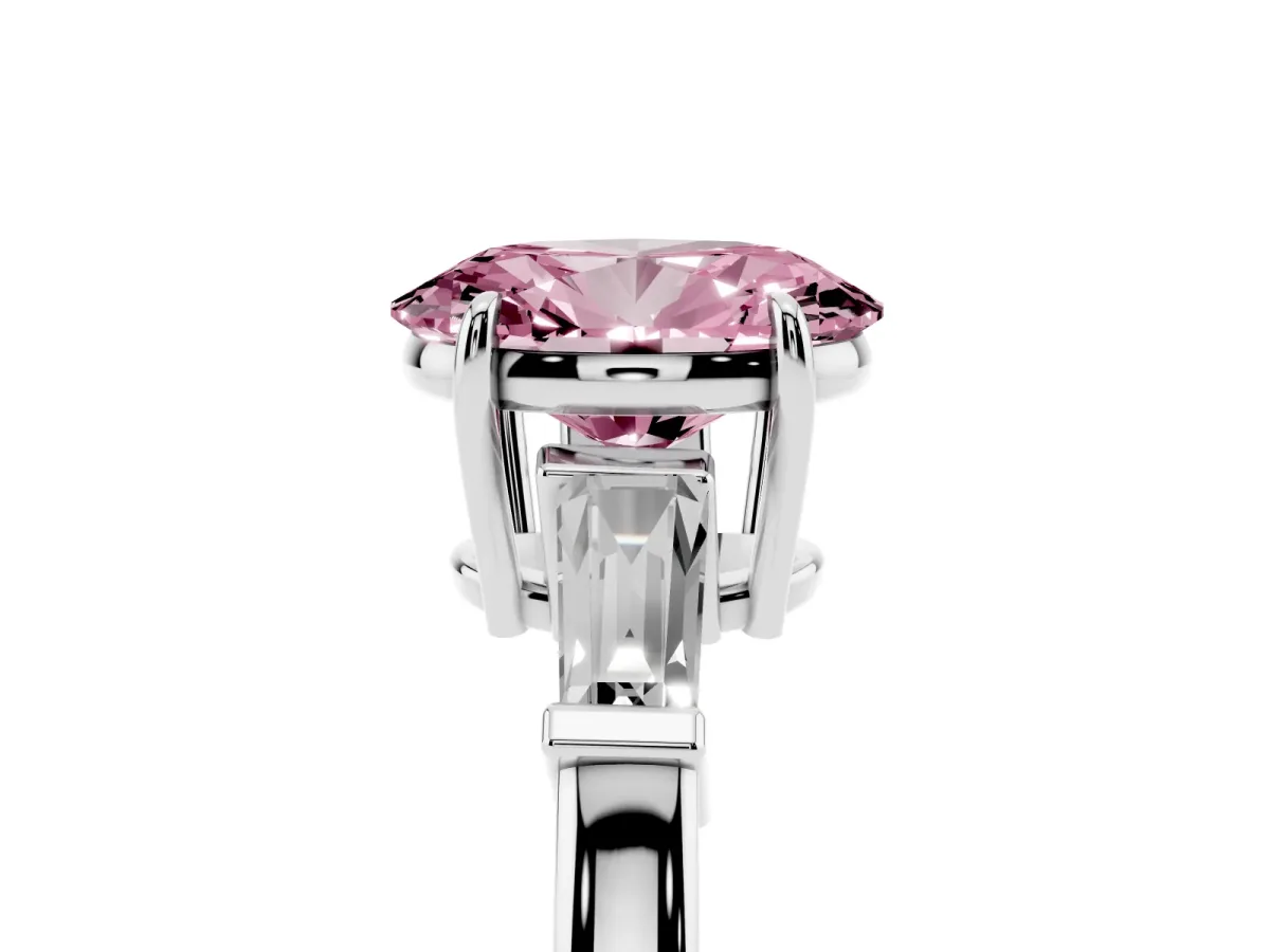 Fancy Pink Oval Cut Diamond Three-Stone Ring with Tapered Baguette Side Stones and Prong Setting Platinum