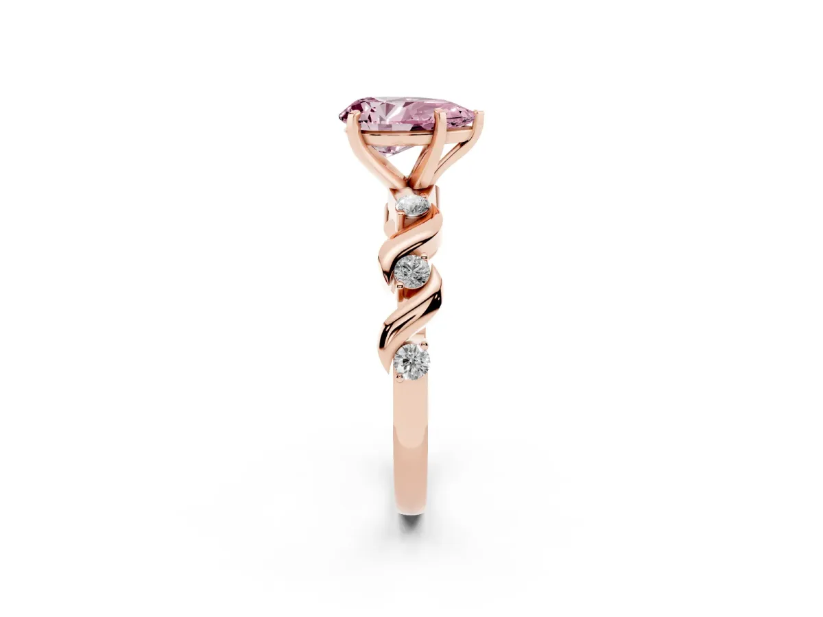 Fancy Pink Pear Cut Diamond Solitaire Twisted Band with Round Accents and Prong Setting Rose gold