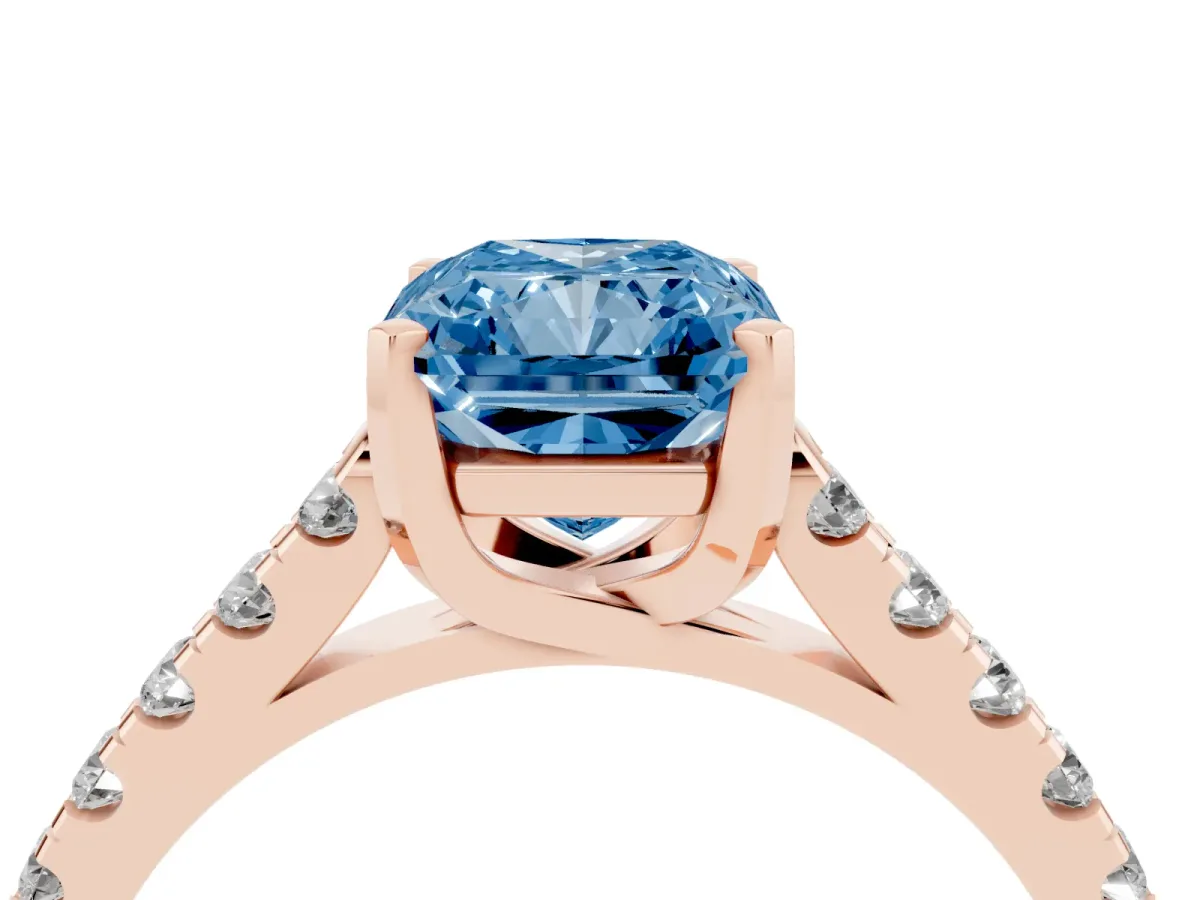 Fancy Blue Radiant Cut Diamond Pavé Band Solitaire Ring with Prong Setting Rose gold